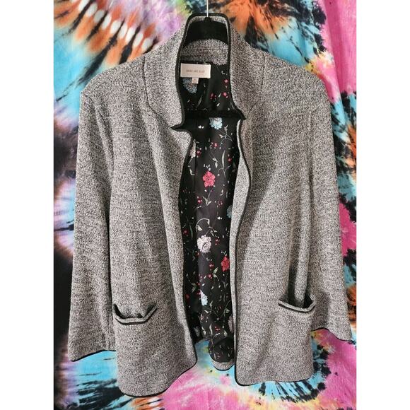 Skies Are Blue Open Front Blazer Cardigan Women XL Black Trim Gray Lined Jacket - Picture 3 of 8